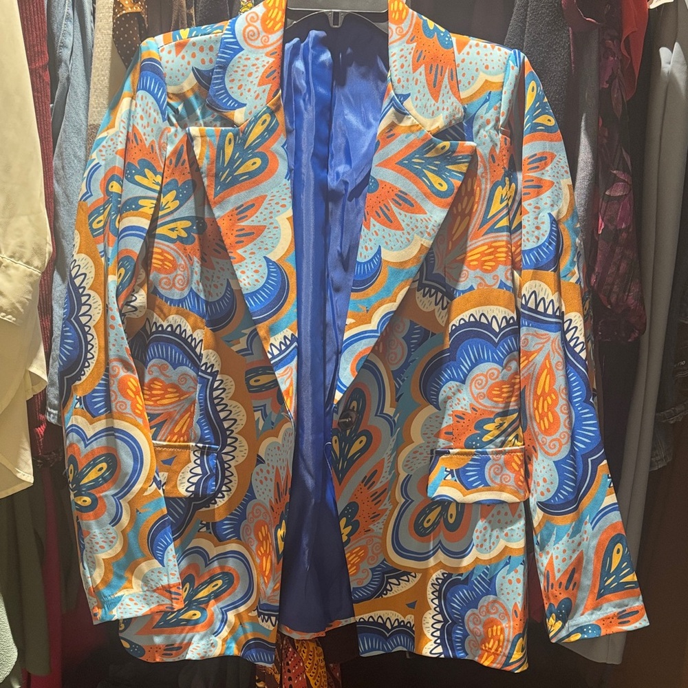 Blazer and pants 2 pieces- Vibrant Women's Blazer with Blue and Orange Pattern